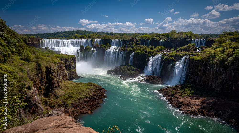 Fototapeta premium Majestic waterfalls cascading over lush green cliffs in a vibrant landscape with flowing turquoise water under a partly cloudy sky