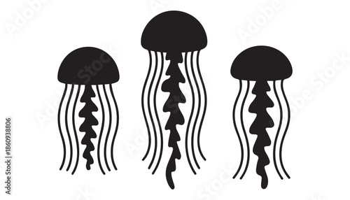 black color jellyfish set of silhouette vector illustration, solid white background