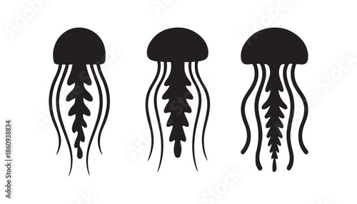 black color jellyfish set of silhouette vector illustration, solid white background