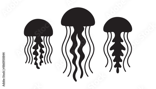 black color jellyfish set of silhouette vector illustration, solid white background