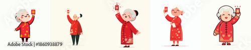 vector of a happy grandmother stand holding a Chinese New Year red envelope