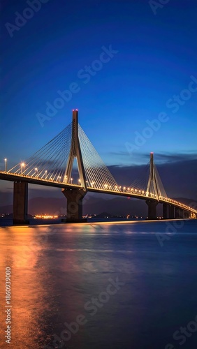 A nighttime long exposure shot of a majestic cable-stayed bridge, its lights reflected in the calm water below. The sky shows dusk