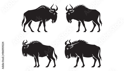 black color wildebeest set of silhouette vector illustration, solid white background