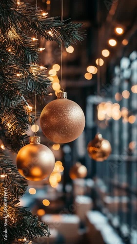 Vertical Shot. Festive gold baubles on evergreen branch with warm bokeh lights