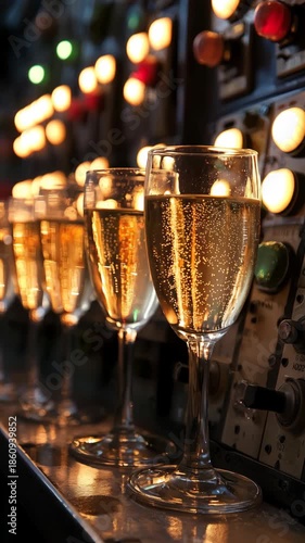 Vertical Shot. Row of champagne glasses on illuminated control panel