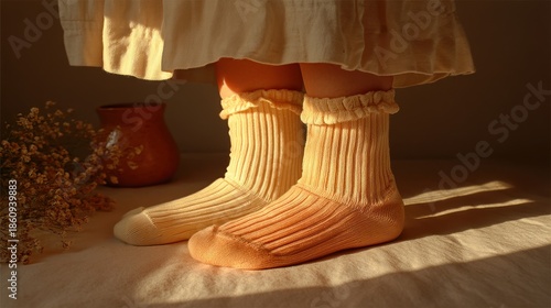 Pair of ribbed socks with ruffles, showcasing a soft, warm color gradient from cream to peach, set against a neutral backdrop with a touch of natural light.