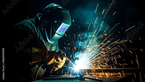 A welder in protective gear works on a metal piece with sparks flying everywhere in a dark room with a bright blue glow.