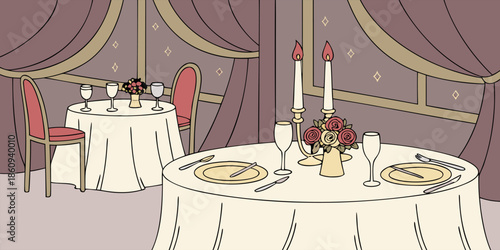 Elegant restaurant dining tables set for a romantic dinner with candles