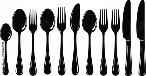 Black cutlery silhouette collection featuring various spoons forks and knives for kitchen dining restaurant menu catering table setting and flat vector design.