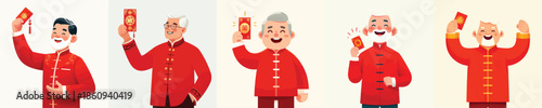 vector half body of a happy grandfather holding a Chinese New Year red envelope