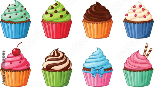 Colorful cupcake collection featuring various flavors with chocolate sprinkles cherry frosting hearts and bows for bakery celebration party and sweet vector design.