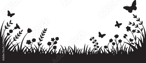 Black and white silhouette of flowers and butterflies in a meadow