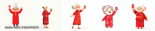 vector of a happy grandmother stand holding a Chinese New Year red envelope