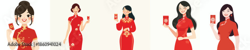 vector half body of a happy woman holding a Chinese New Year red envelope
