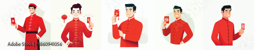 vector half body of a happy man holding a Chinese New Year red envelope