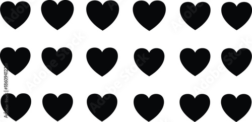 Black heart silhouette collection featuring various simple love shapes for graphic design wedding decor romantic patterns scrapbooking and Valentine's Day vector illustration design.