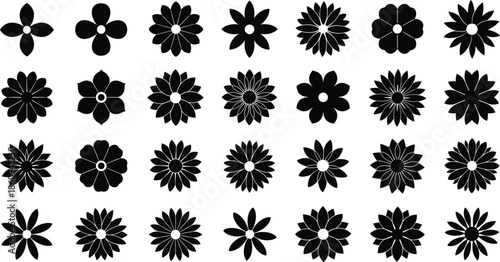 Black flower silhouette collection featuring various simple blossom shapes and floral heads for graphic design patterns stencils spring decor and botanical vector.