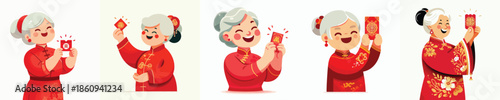 vector half body of a happy grandmother holding a Chinese New Year red envelope