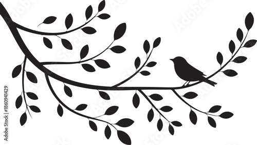 Black bird sitting on a branch with leaves silhouette