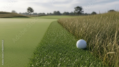 Golf ball resting in rough beside fairway on course | Golf, sports, equipment.