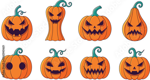 Spooky Halloween pumpkin collection featuring various orange jack o lanterns with scary faces and green stems for holiday decor party and vector.