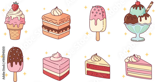 Sweet dessert and treat collection featuring ice cream cones cake slices popsicles and sundaes with sprinkles for bakery cafe and birthday vector.