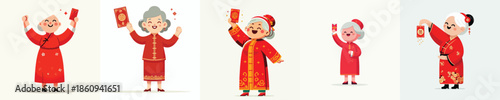 vector of a happy grandmother stand holding a Chinese New Year red envelope