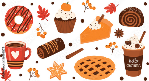 Autumn treat collection featuring pumpkin pie cupcakes cinnamon rolls donuts hot chocolate and fall leaves for seasonal Thanksgiving cafe and bakery vector design.