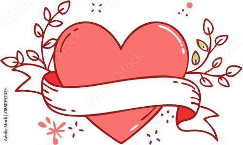 Red Heart with Ribbon Banner and Floral Elements Vector Illustration, isolated on white