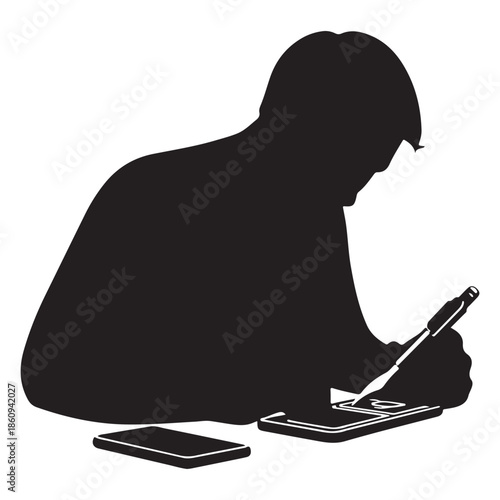  Silhouette of a person intently using a smartphone with a stylus, demonstrating digital interaction