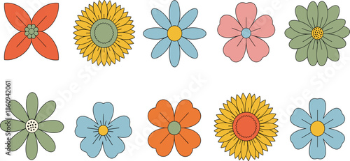 Retro flower head collection featuring colorful simple blossoms in orange yellow blue and green for 70s vintage decor patterns and floral vector.