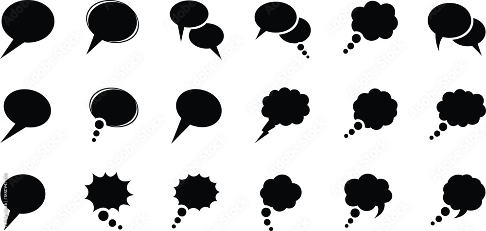 Fototapeta premium Variety of comic style speech bubbles and thought cloud silhouettes for graphic design projects
