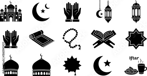 Islamic culture and Ramadan icons featuring praying hands, mosques, and crescent moon symbols