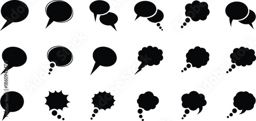 Variety of comic style speech bubbles and thought cloud silhouettes for graphic design projects