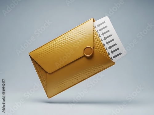 A golden leather wallet with a textured pattern floating in mid-air with a partially visible credit card protruding from it against a soft blue gradient background