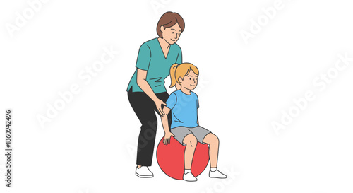 Physical Therapist Helps Young Girl Perform Balance Exercises on a Red Stability Ball during physiotherapy Rehabilitation Session