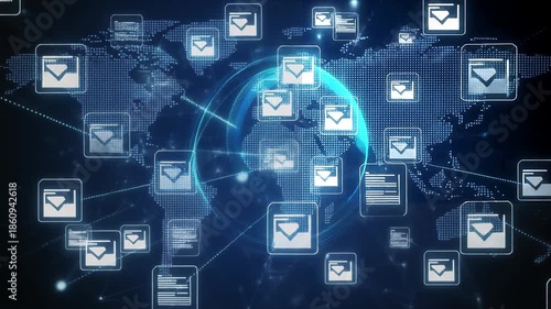 Global Communication: A digital representation of worldwide interconnectedness, featuring illuminated email icons interwoven across a transparent globe against a backdrop of the world map.