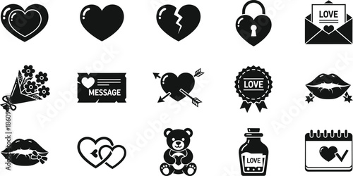 Romantic Valentine's Day icon set featuring hearts, roses, letters, and teddy bear silhouettes