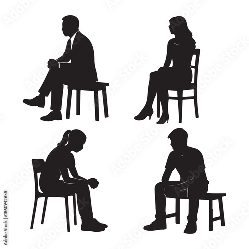 Silhouettes of Men, Women, and Teenagers Sitting on Benches and Chairs