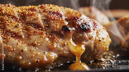 A succulent grilled chicken breast being seared on a hot pan, releasing juices, captured in a close-up shot.