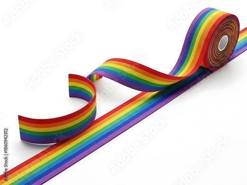 A vibrant rainbow ribbon unrolls on a pristine white surface viewed from a slight angle