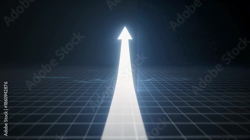 Illuminated Path to Advancement: A luminous arrow surges upwards, charting a course toward progress and innovation against a backdrop of grids.