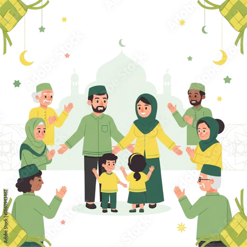 Diverse Muslim family celebrating together in vibrant green and yellow traditional clothing
