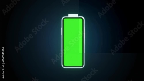 Smart Phone Charging: A sleek, modern smart phone with a full, green screen, symbolizing a fully charged battery, set against a dark background, representing digital power and connectivity.