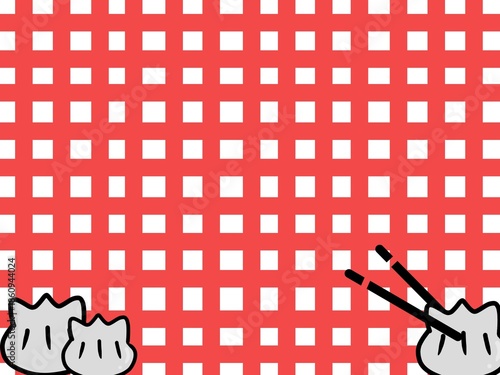 Dimsum illustration with black chopsticks on gingham background, perfect for a Japanese restaurant menu, banner or poster. White dumpling lifted by black chopsticks against checkered background