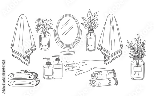 A collection of  hand drawn bathroom accessories, valentine's day themed of cupid and arrows, illustration of various flowers , stem with leaves , a dense arrangements of black  musical notes 