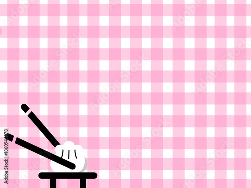 Dimsum illustration with black chopsticks on gingham background, perfect for a Japanese restaurant menu, banner or poster. White dumpling lifted by black chopsticks against checkered background