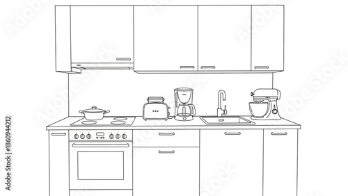 Minimalist outline drawing of a contemporary kitchen layout with essential cooking and baking appliances