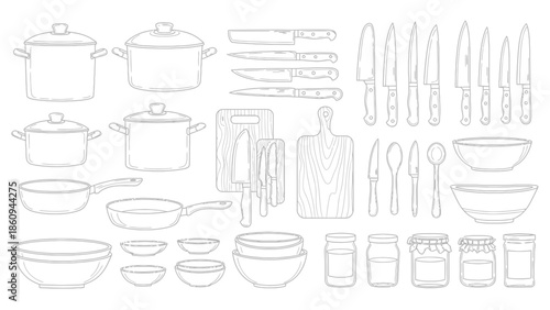 Various kitchen utensils and cookware for cooking and preparing food