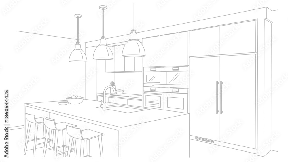 Fototapeta premium Modern kitchen interior design concept sketch showing spacious island and integrated appliances for contemporary homes